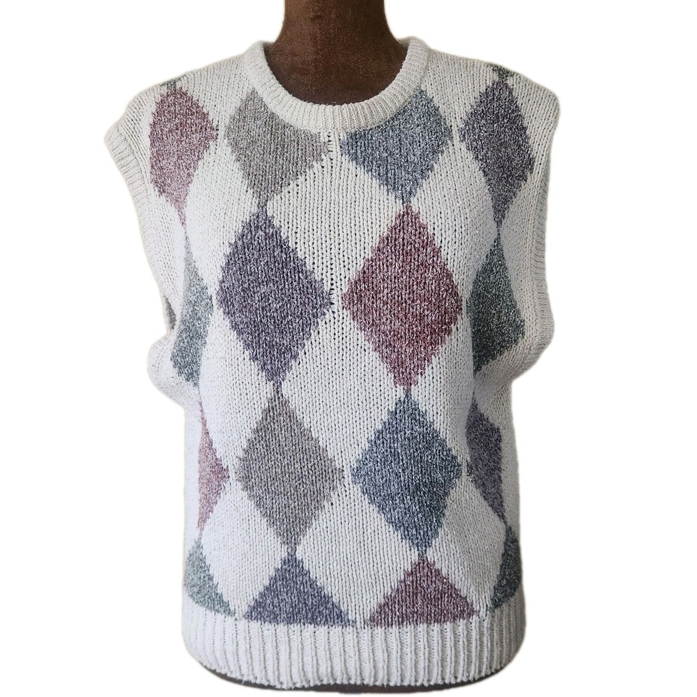 Vintage Russ Women's Sweater Vest Silk Blend Knit Size L Diamond 80s Prep